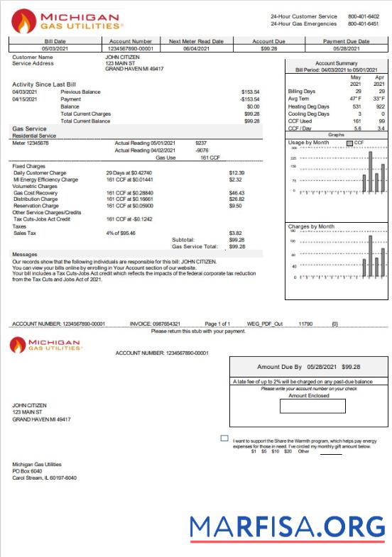 Printable USA Michigan Gas Utilities utility bill template in Word and PDF format version 2